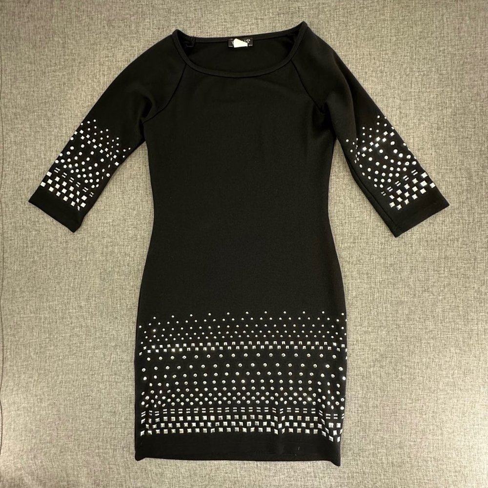 Venus Black Dress Silver Studs Size XS Round Neck Viscose Polyester Elastan